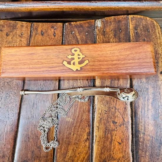 Brass Boatswain Whistle with Chain, Nautical Bosun Call in Wooden Box Home Decor