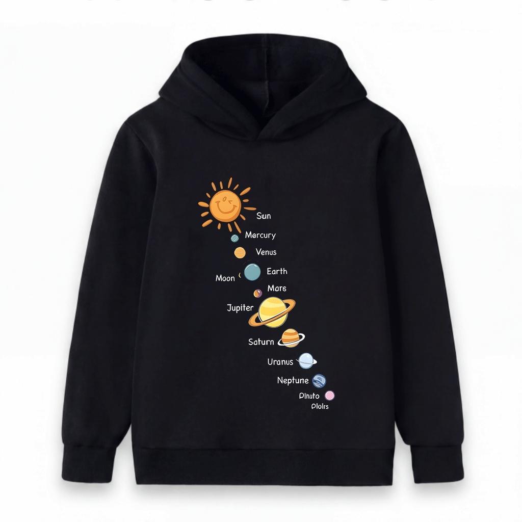 Cartoon Solar System Sun Planets Print Kids Hoodie Boys Girls Casual Long Sleeve Pullover Sweatshirt for Children Daily Wear