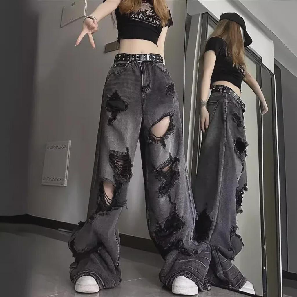 Zerrissene Sommerjeans für Damen im Used-Look: High Street American Style, weites Bein, lockere Passform, vielseitige lange Hose