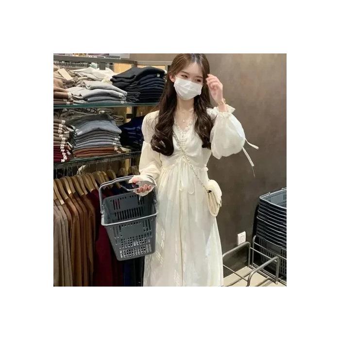 

Autumn clothes new court style V-neck long-sleeved dress French style very fairy temperament waist and thin skirt women S
