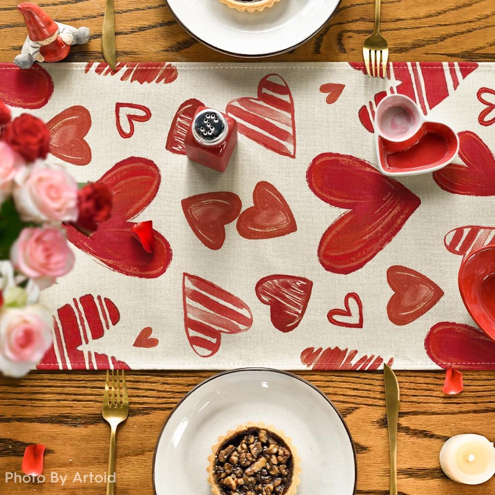 Artoid Mode Red Buffalo Plaid Love Heart Valentine's Table Runner, Anniversary Kitchen Dining Table Decoration for Home Party Decor 13x72 Inch