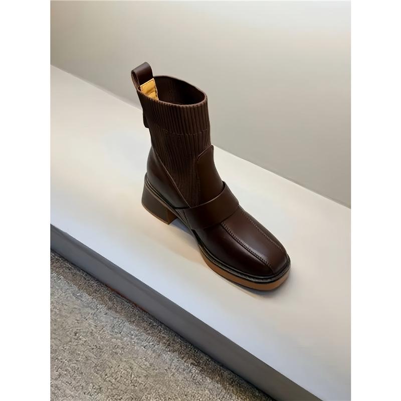 Temperament Fan 5cm/2025 Autumn New Fashion Versatile Comfortable Soft Leather Square Head Thick Heel Short Boots Women's Skinny Boots