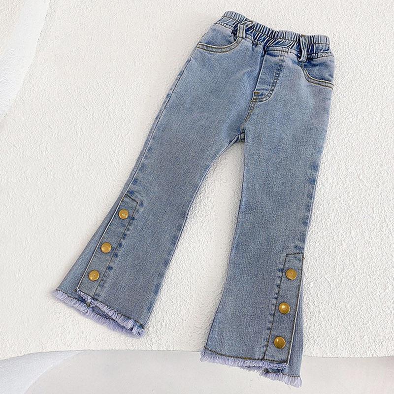 

Джинсы для маленьких девочек, повседневные расклешенные брюки с эластичной талией, милые джинсовые джинсы, брюки-клеш с карманами, От 3 до 8 лет 9