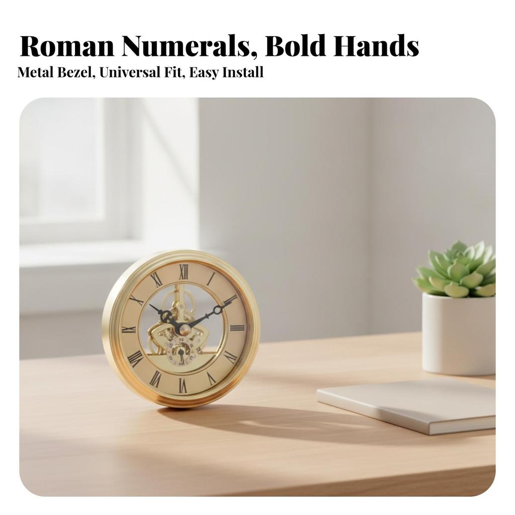 Precision Mechanical Clock Insert Visible Gear Mechanism, Roman Numeral Face, Skeleton Insert,
