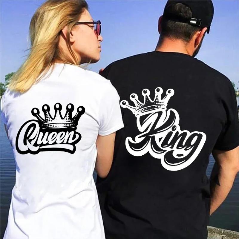King Queen Crown Print Lover Couples Tee Shirt Harajuku Women T-shirt Crown Couple Matching Tshirt Clothes Summer Women Man Tops