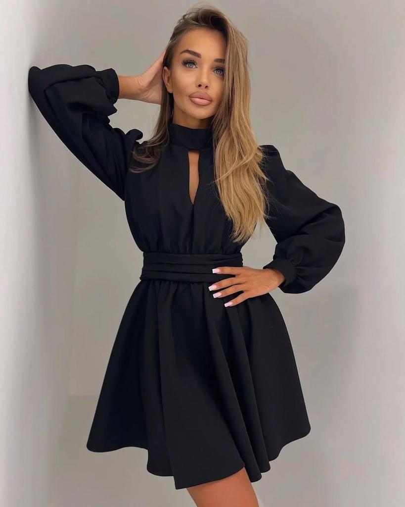 2025 European Spring/Autumn Sexy Hollow-Out Waist-Cinching Solid Color Dress for Women