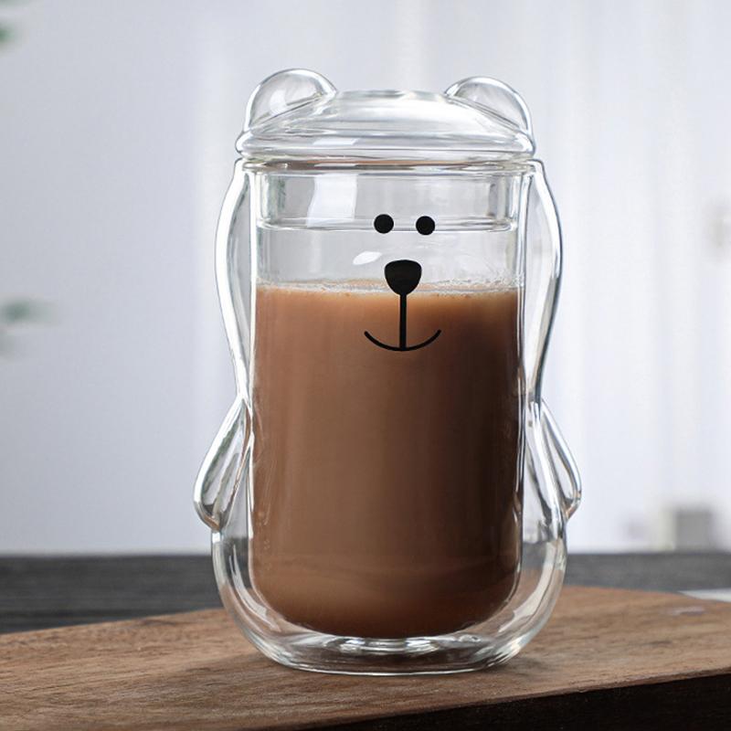 300ml Kreativer Bär Doppelbecher Personalisierte Kaffeetasse mit Deckel Transparente Glas Kaffeetasse Niedliche Cartoon Bernstein Bär Tassen