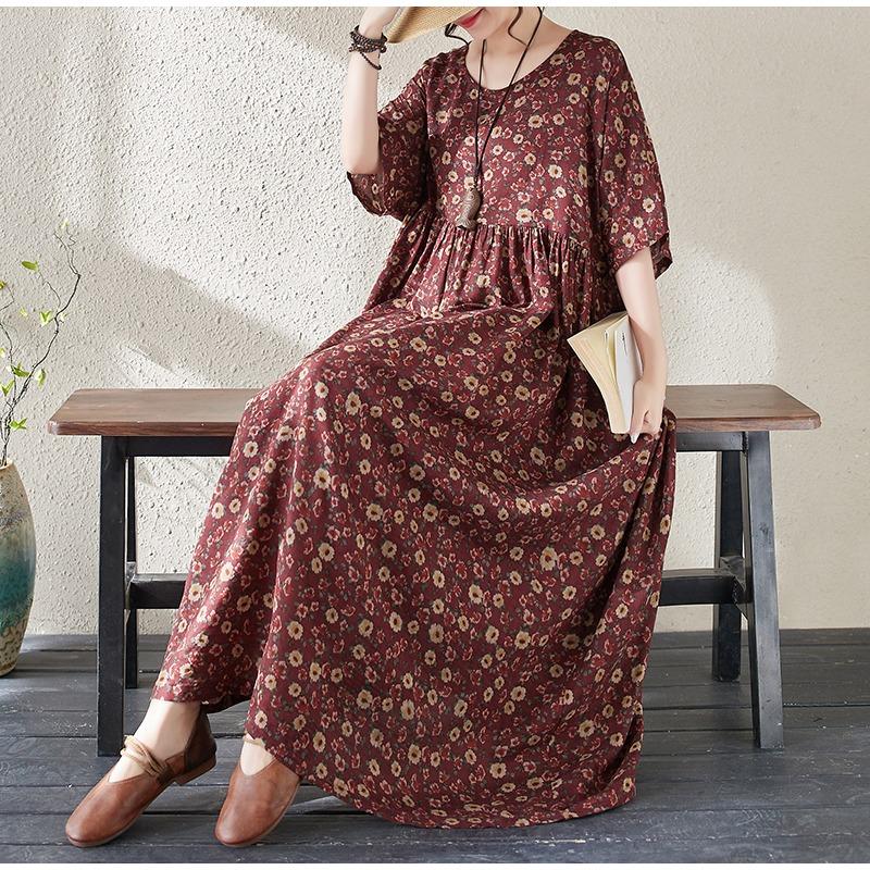 Dimanaf Women Dress Summer Plus Size Beach Sundress Linen Bohemian Print Flowers Fashion Lady Vestidos Loose Casual Long Dress Oversize 9079