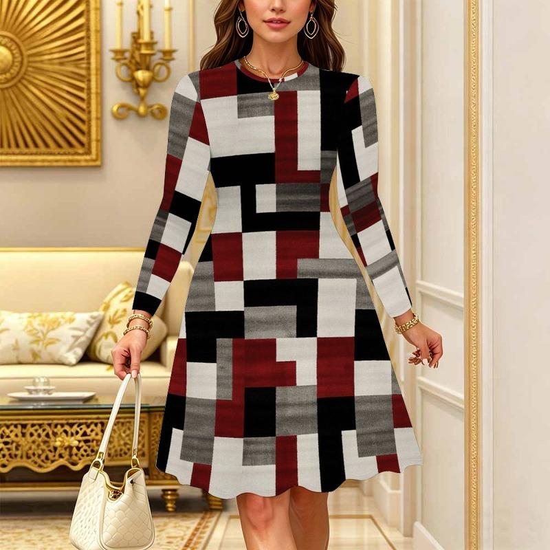 Women's Bohemian Casual Midi Dress Print Round Neck Long Sleeve A Line Loose Swing Dresses
