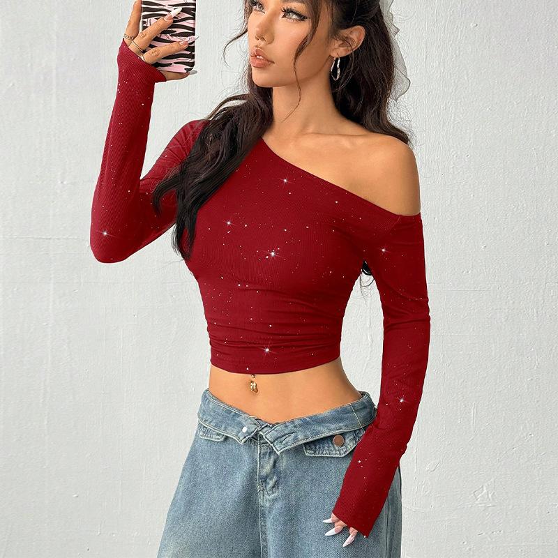 Ladies Spring Autumn Long Sleeve Skew Collar Bodycon Rhinestone Pullover Casual T Shirt  Crop Top
