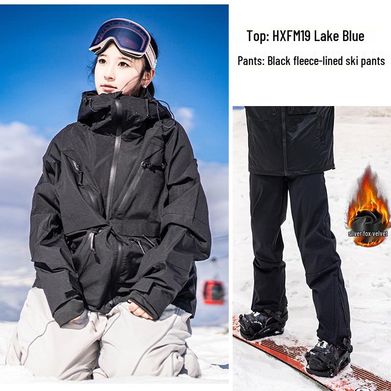 Ski Resort's Trendy Waterproof & Windproof Ski Suit Set for Men & Women, Fleece-Lined, Thickened, Plus Size, Warm