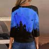 Women's Casual V-Neck Button Pullover T-Shirt with Halloween Print and Three-Quarter Sleeves