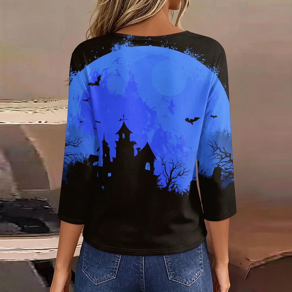 Women's Casual V-Neck Button Pullover T-Shirt with Halloween Print and Three-Quarter Sleeves