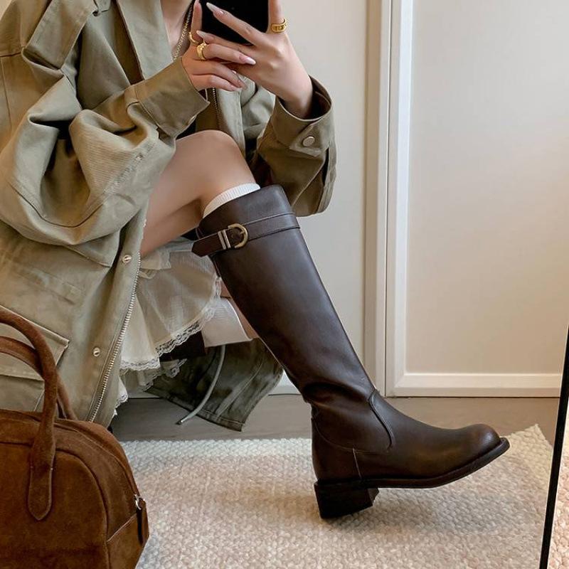 Autumn and winter leather tall boots solid color side zipper middle heel large size women's boots thick-soled non-slip versatile cowhide Martin boots