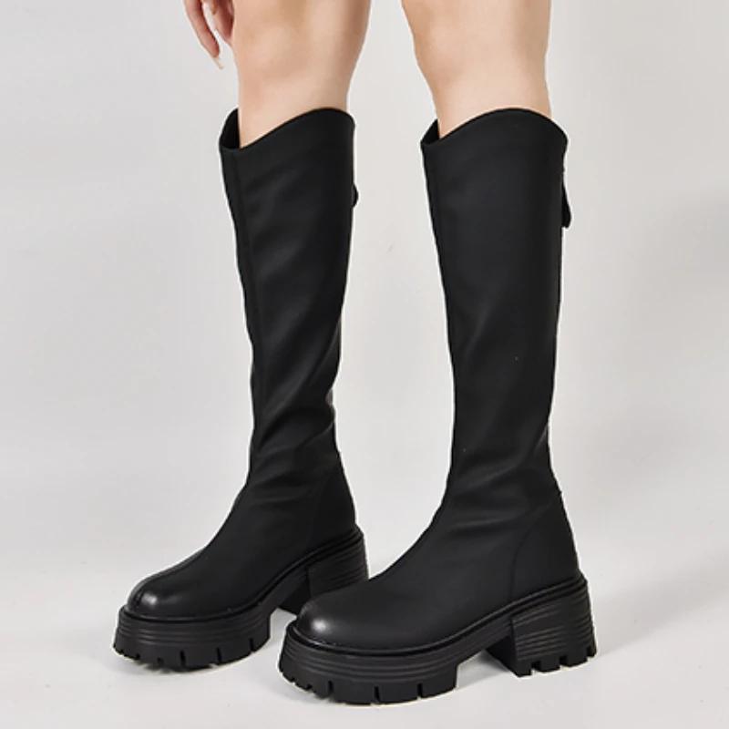 2024 Hot Sale Ladies Shoes Zipper Women's Boots Autumn Round Toe Solid Knee-High Platform Mid Heel Water Proof Fashion Boots