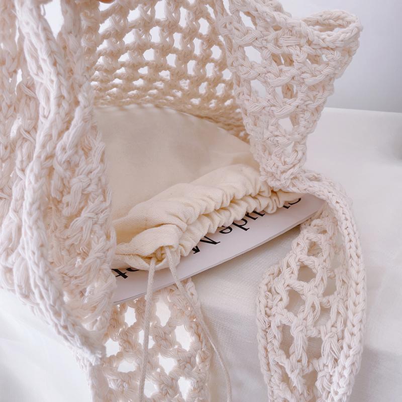 Solid Color Knitting Shoulder Bag Large Capacity Versatile Bohemian Crochet Tote Bag Hollow Out Casual Woven Handbag Women