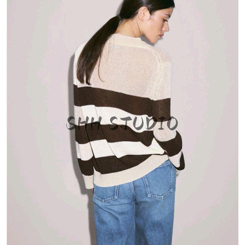 MD Spring/Summer New Arrival Women's Clothing Casual Nautica Style Lightweight Stripes V Neck Sweater Long Sleeve Knitwear 5790728