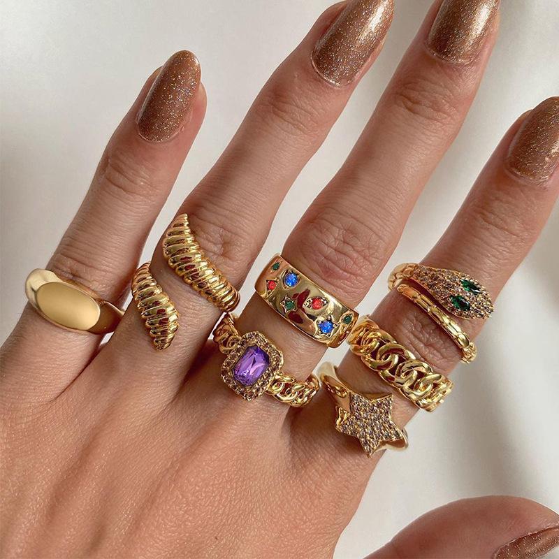 

Vintage Metal Crystal Rings Set for Women Gold Color Rhinestone Star Square Zircon Snake Ring Girls Punk Opened Zircon Gift