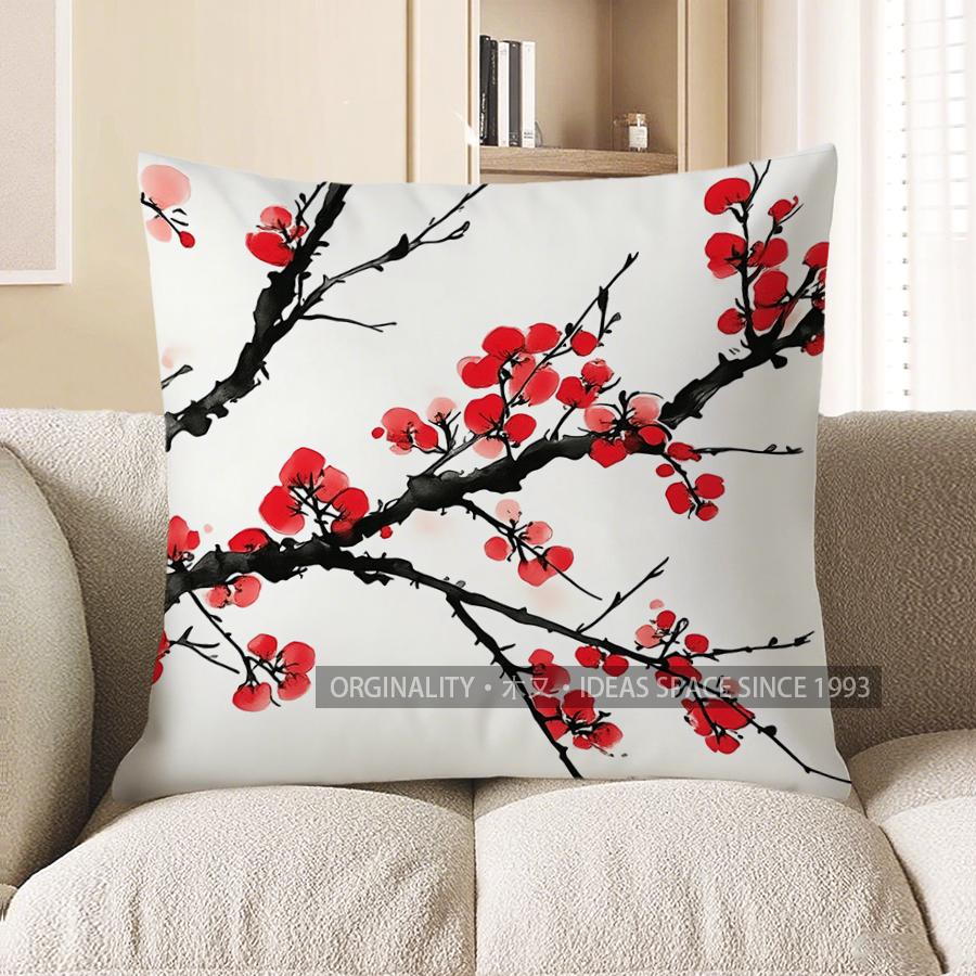 Home Decor Red Plum Blossom Pattern Throw Pillow Cover Pattern Cushion Cover Suitable For Sofa Bedroom Car Pillow Cover