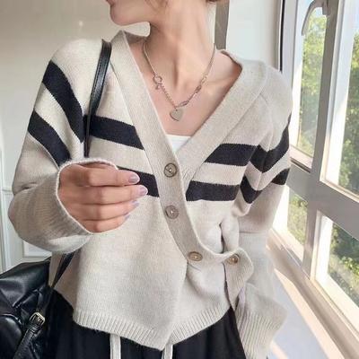Autumn and Winter Women's Sweater Short Striped V-Neck Sweater Design Chic Long Sleeve Knitted Cardigan