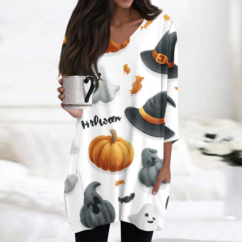 Womens's Fashion Casual Halloween Print V-neck Mid Length Pocket 3/4 Sleeve Top
