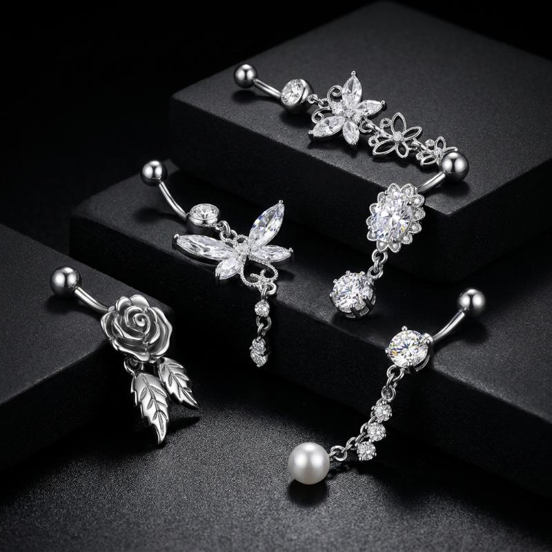 Butterfly Flower Belly Button Rings Rose Key Navel Piercing Jewelry Set For Women Beach Party Body Belly Jewelry Gift
