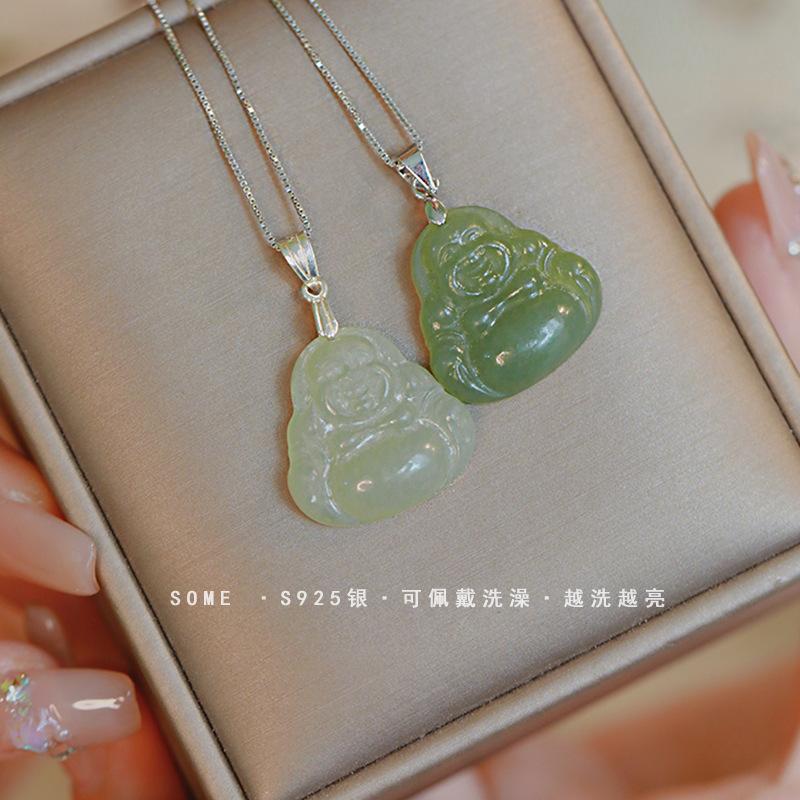 Natural Hetian Jade Maitreya Buddha Necklace for Women, Light Luxury and Niche Design9Silver Is Washable and Does Not Fade, New Model