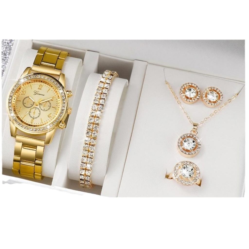 5Pcs/Set Niche Fashion Versatile Steel Belt Watch Stud Earrings Necklace Bracelet Ring Set No Gift Box