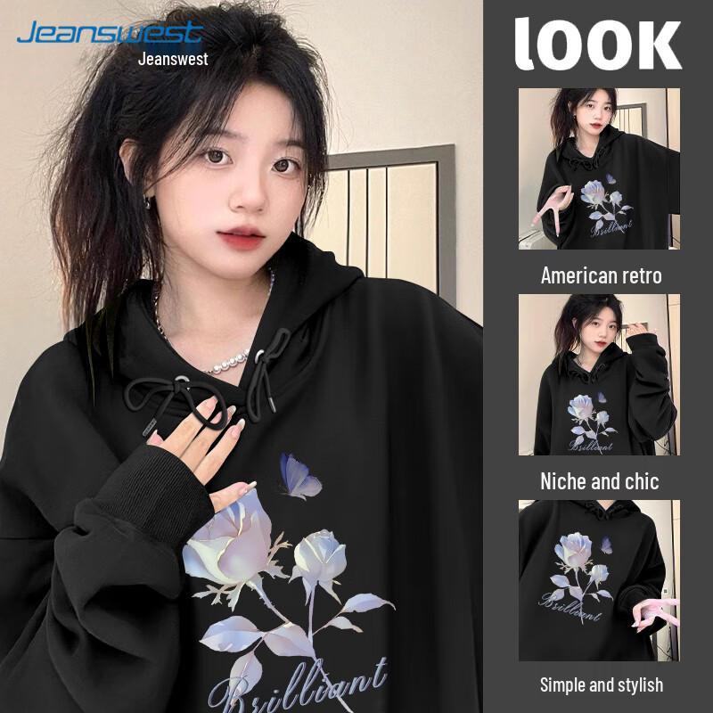 

Jeanswest Women s 2025 Fall Blue Rose Print Hooded Sweatshirt M