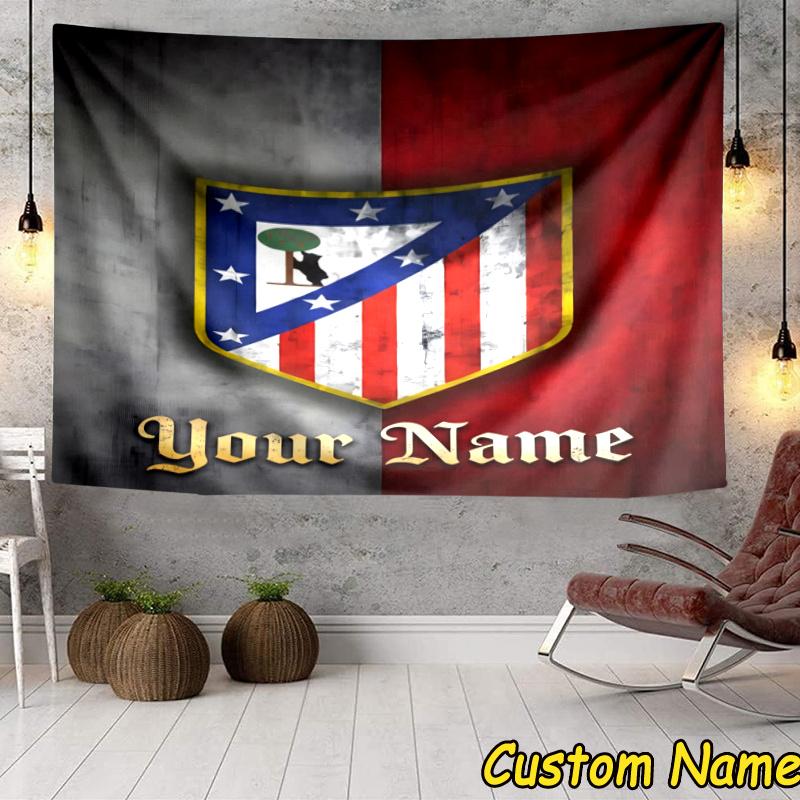 Custom Name Atletico Madrid Crest Tapestry Accessories for Bedroom,Livingroom, dormitory Room Wall Hanging Decor, Fan Birthday Gifts