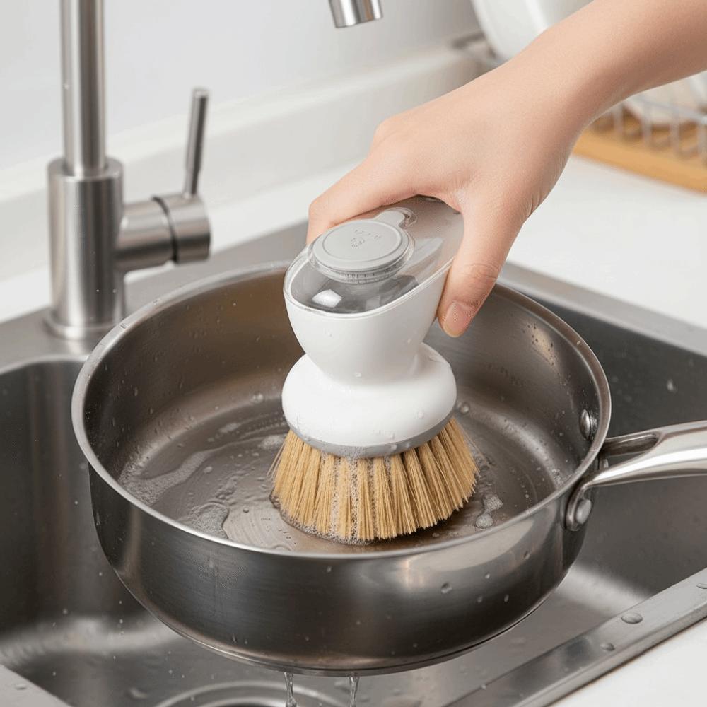 2PCS/SET Press-Type Automatic Liquid Dispensing Pot Brush Efficient Kitchen Scrub  Household Use