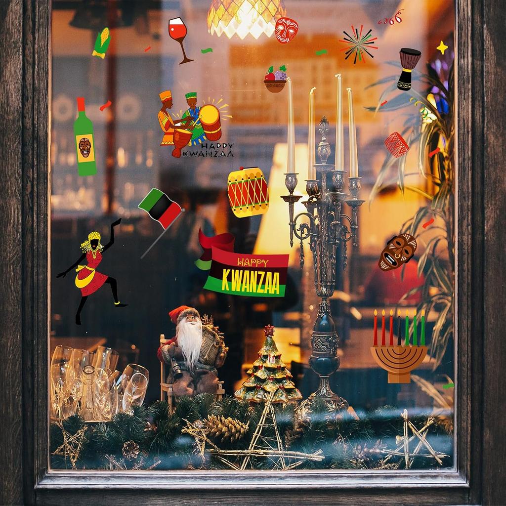 9 Pieces Kwanzaa Window Stickers Clings Kwanzaa Window Decorations Decals for Office Home Glass Door Party Decor, 11.8 x 7.9 Inches
