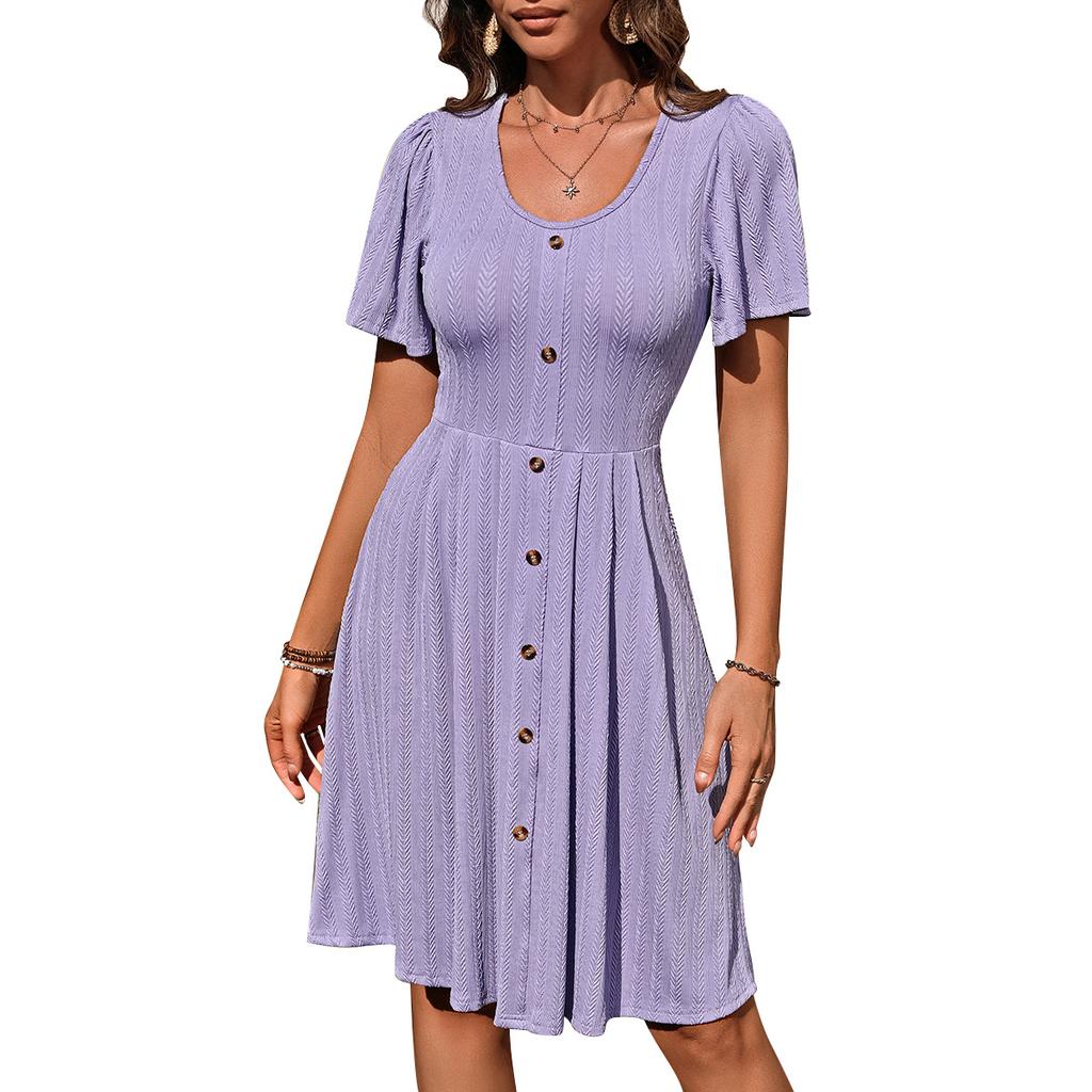 Summer Women's Round Neck Button Stretch Casual Temperament Short Sleeve Dress