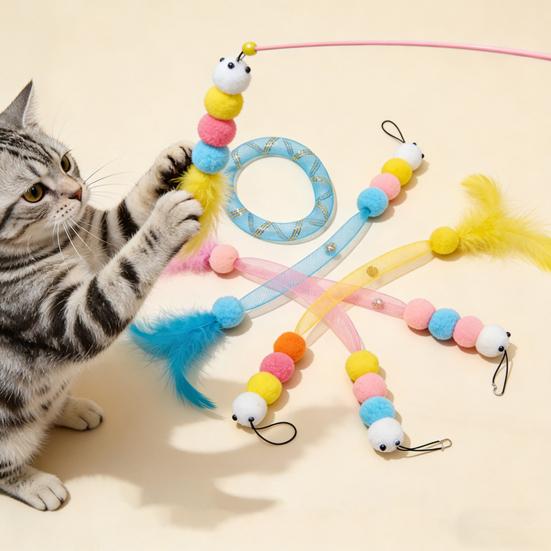 Cat Wand Toy Replacement Cute Caterpillar with Colorful Plush Balls And Feathers Elastic Net Tube Cat Toy Accessory for Kittens Interactive Wand