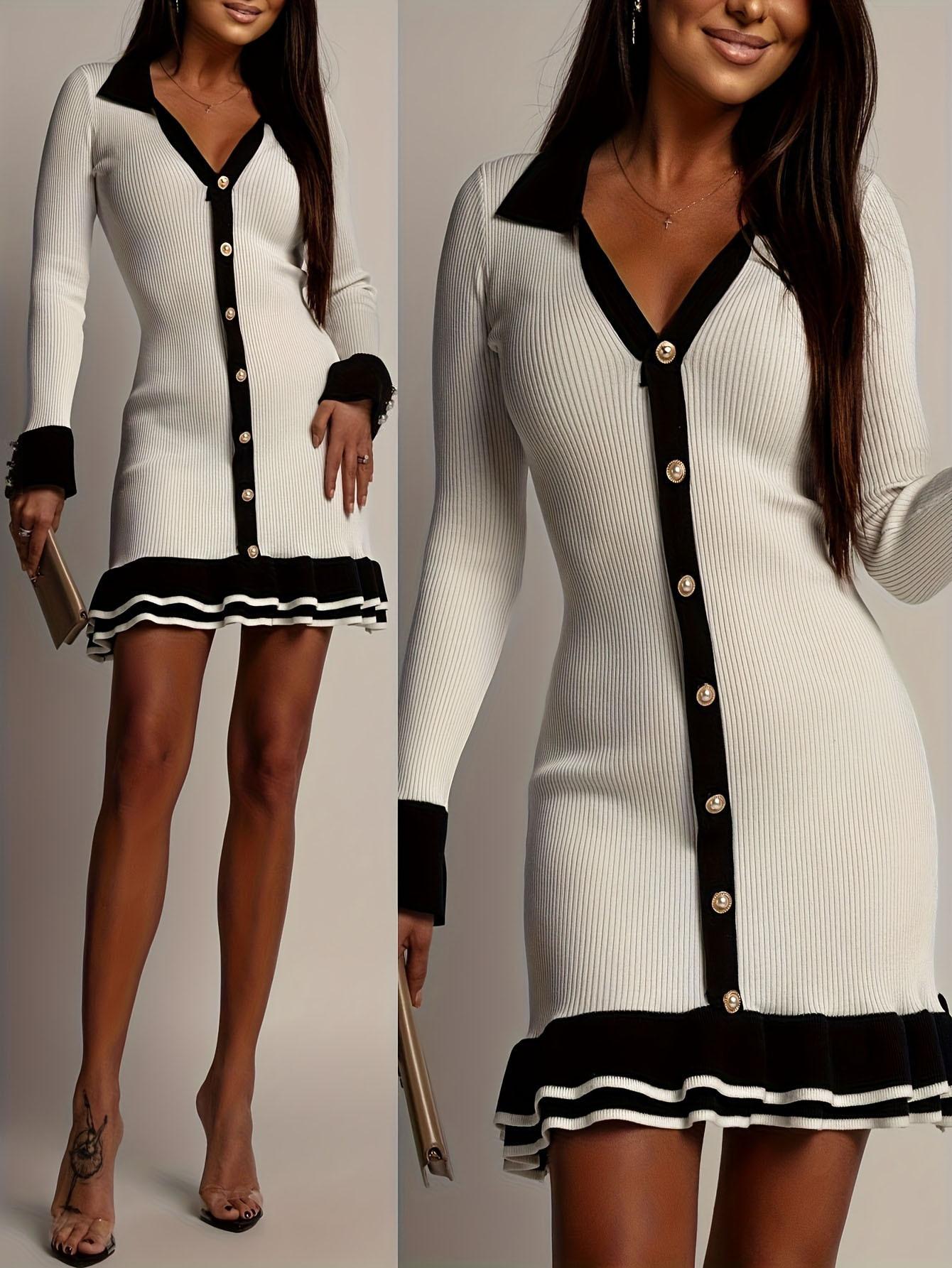 

Women s High Waist Knit Dress, Ruffle Hem Long Sleeve Bodycon Dress with Elegant Silhouette, French Style Office To Date Night Dress S белый