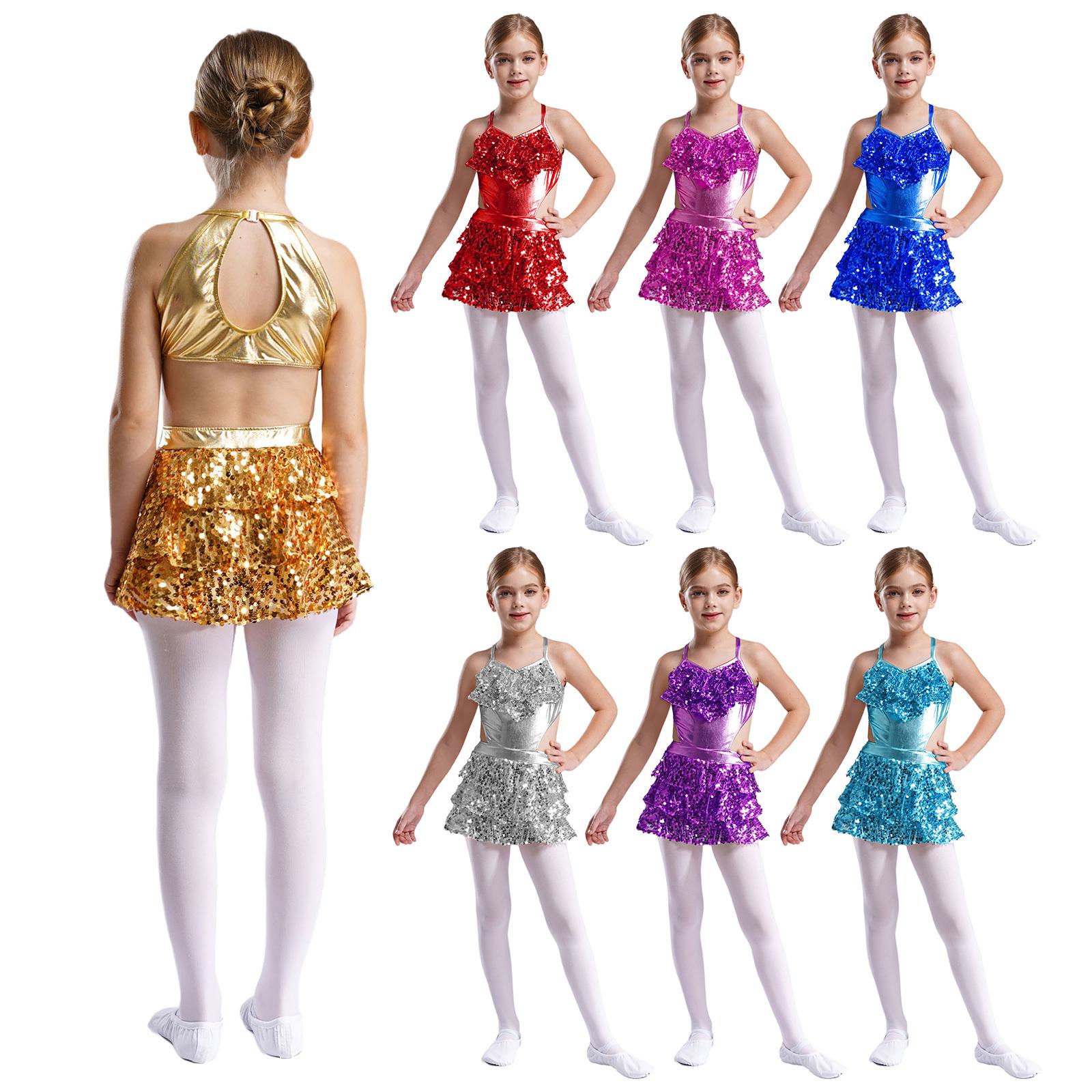 

Girls Glittering V Neck Sleeveless Dress Tiered Ruffles and Sequins for Recitals and Competitions 5-6 Years світло-синій колір