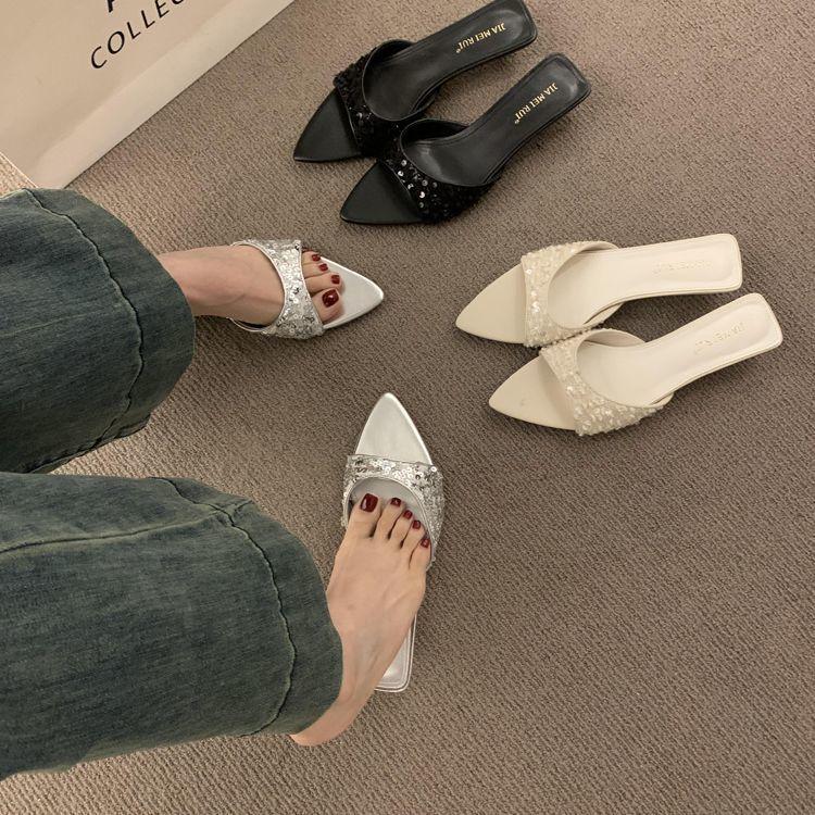 French Temperament Sequins with Open-toed Pointed Slippers for Women's Summer Wear 2025 New Kitten and Cool Slippers