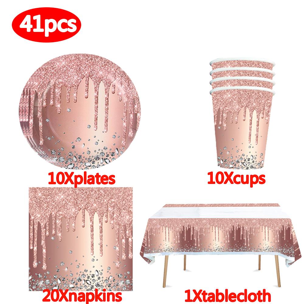 Roségold Themenparty Dekoration Geschirrset Diamant Glitzer Teller Tasse Luftballons Für Hochzeit Mädchen Kinder Geburtstagsparty Zubehör