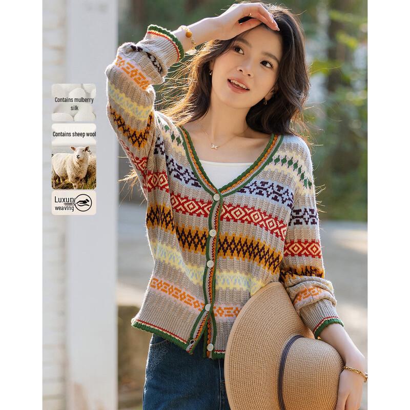 Women s V-Neck Jacquard Wool Blend Knit Cardigan S