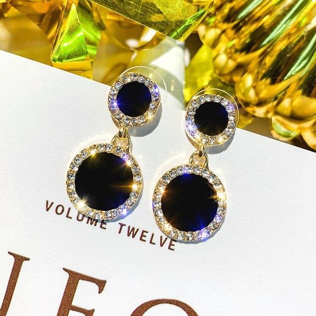 

Asymmetric Double Round Stud Earrings For Women Crystal Black Red Enamel Hollow Geometric Zircon Party Girl s Earrings