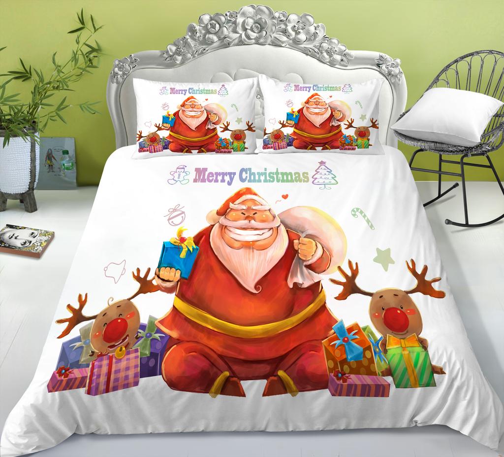 Christmas Quilt Cover Pillowcase Three-Piece Children'S Holiday Gift Cartoon Digital Printing Polyester