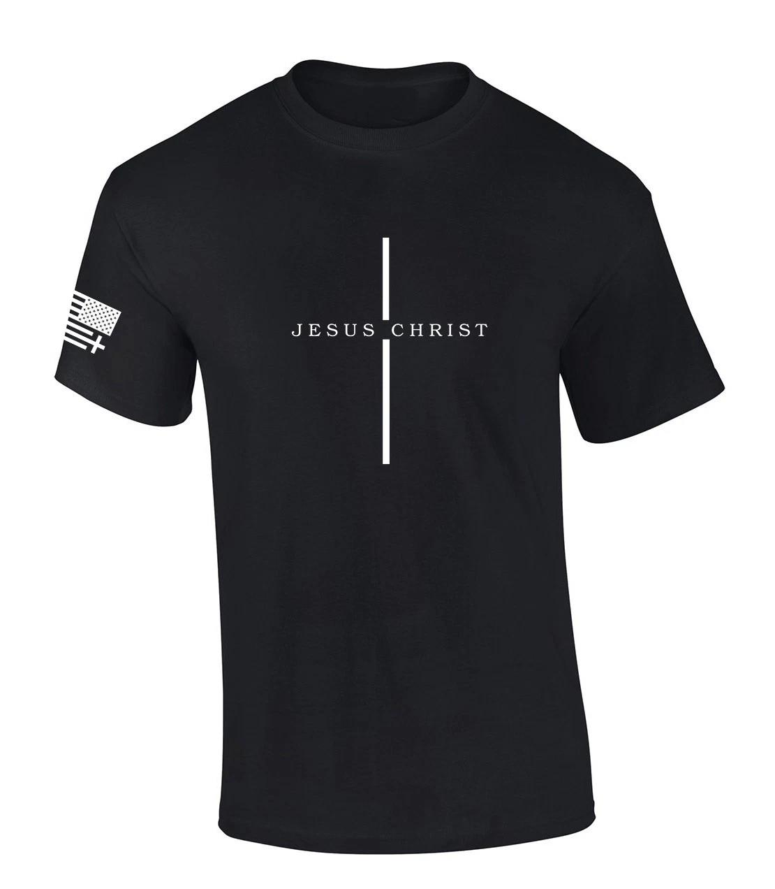 Mens Christian Shirt Jesus Christ Cross Scripture American Flag Sleeve T-Shirt S