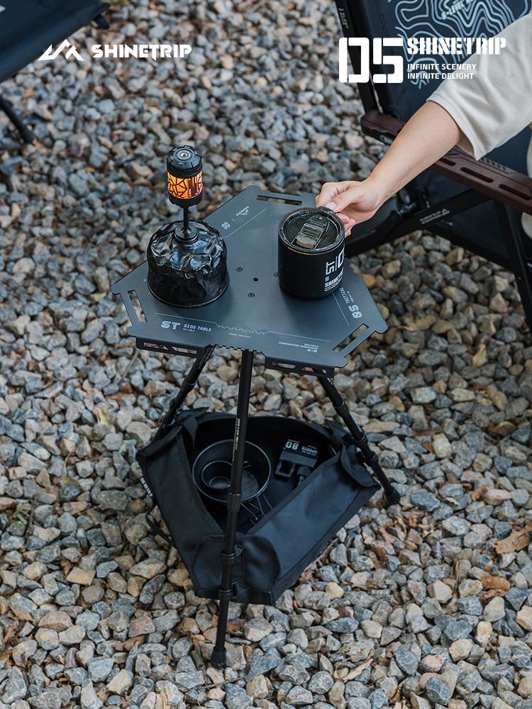 Mountain Fun Hexagonal Camping Table: Portable with 19 Lights, Lifting Storage Rack, and Detachable Aluminum Alloy Design.