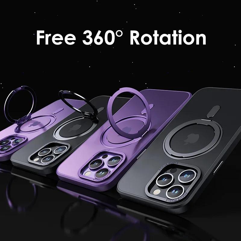 Magnetic 360°Rotation Stand Phone Case For Iphone 12 13 14 15 16 17 Pro Max Plus With Ring Holder Frosted Transparent Case Funda