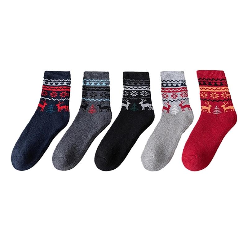 5 Pairs Vintage Ethnic Style Faux Wool Thermal Socks for Men Warm Winter Breathable Hiking Casual Sports Athletic Socks