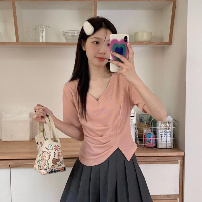 Women's Irregular V-Neck Short-Sleeve Pleated T-Shirt - 2024 Summer Collection