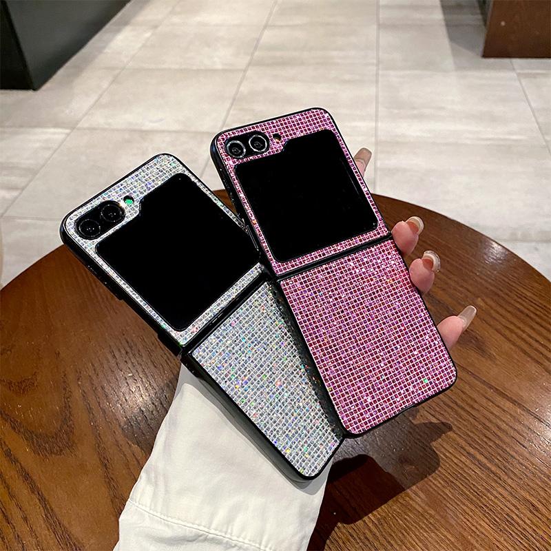 Luxury Sparkling Solid Color Back Cover for SamSung Galaxy Z Flip 8 6 5 4 3 Flip7 FE Sequin Shiny Hard PC Bling Lattice Case