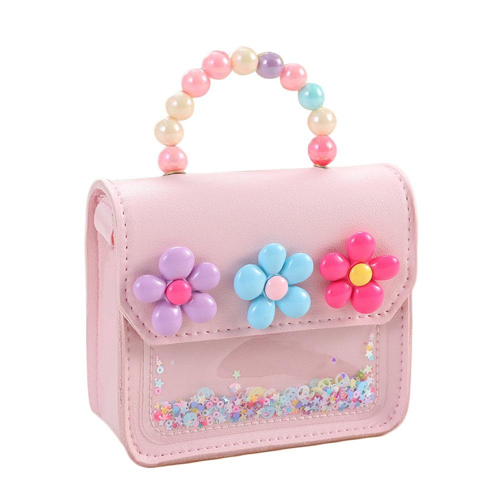 Cute Flowers Children's Handbags Messenger Bag Sweet Girls Pearl Shiny Kids Shoulder Bag Cartoon PU Leather Crossbody Bags