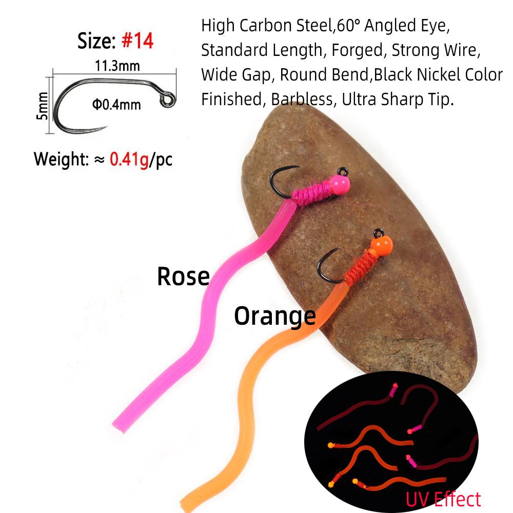 6PCS Tungsten Bead Head Squirmy Worm Jig Hook Fast Sinking Wet Fly San Juan Worm Euro Nymphs Trout Fishing Lure Bait