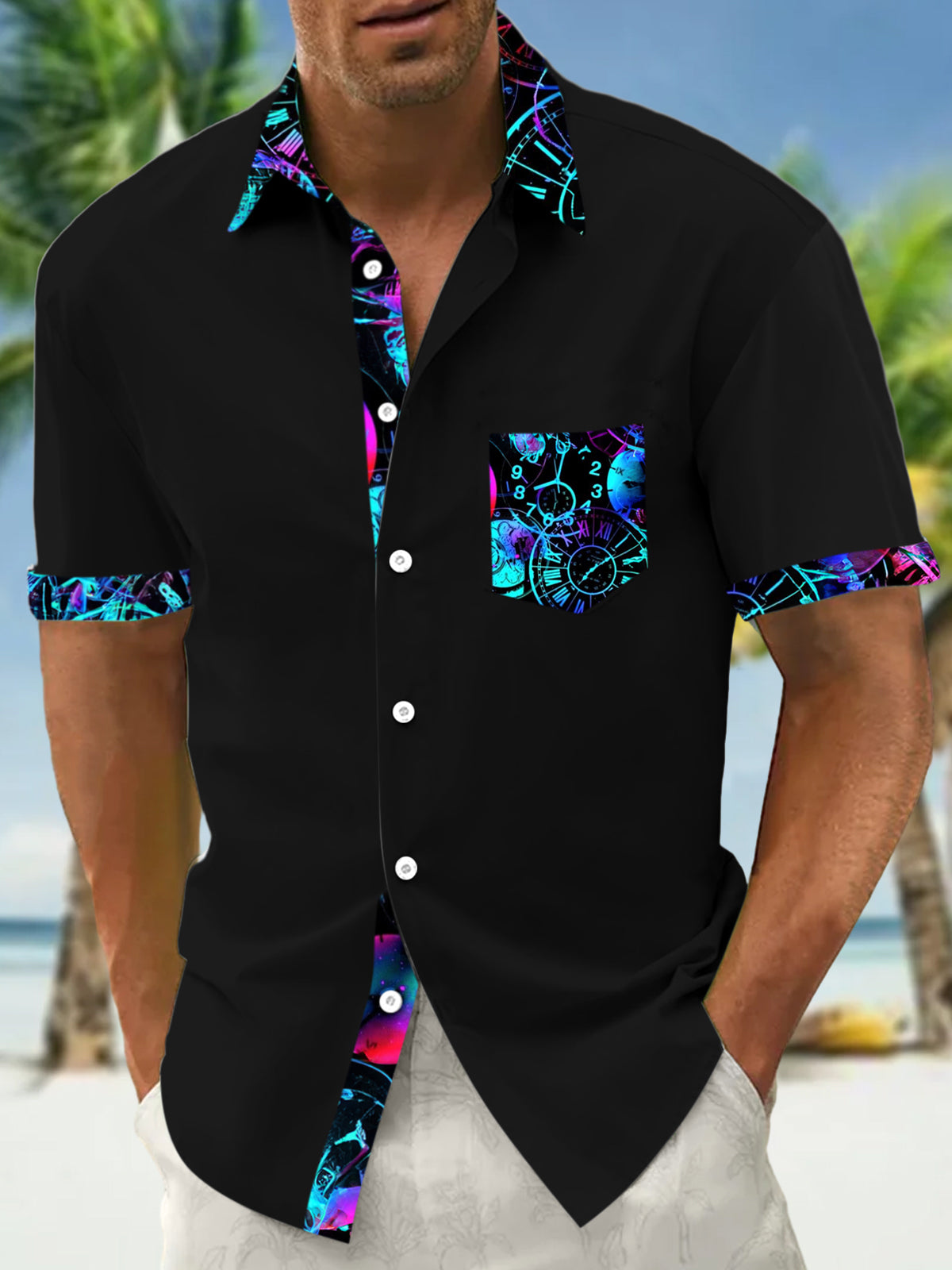 Herrenhemden, Hemden mit Knöpfen, Freizeithemden, Frühling und Sommer, bedruckte Kurzarmhemden, für den Alltag, modisch, bequem 3XL black